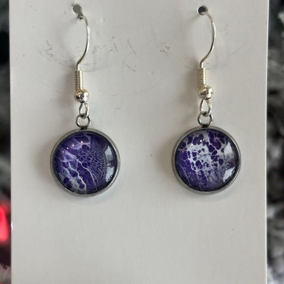 Handmade Poured Paint Round Earrings Purple Swirl Stainless Steel Artisan - Picture 4 of 5